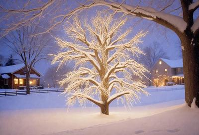 The primary subject of the image is a snow-covered tree. The setting is a snowy field, and the visual style appears to be a photo. The dominant colors are white and gray, creating a serene and wintry atmosphere.